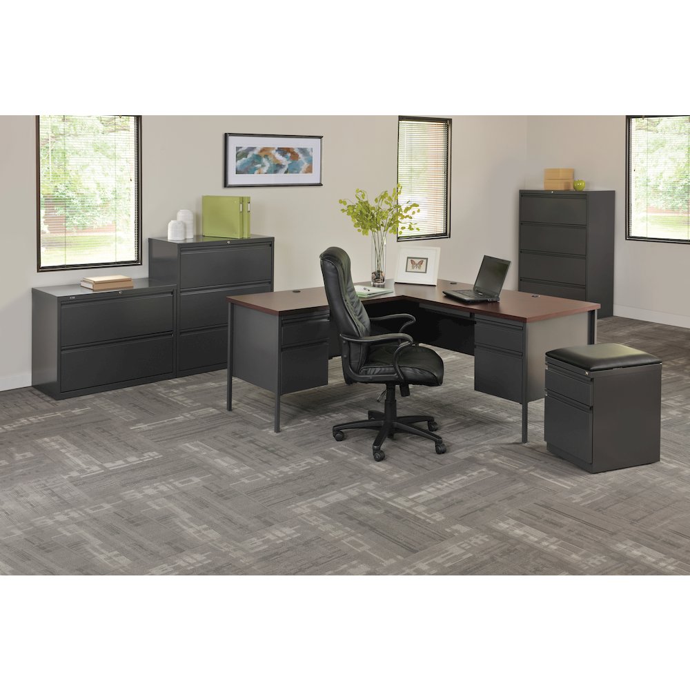 Hirsh 66D x 72W Corner Office Desk with Left Hand Return, Charcoal / Mahogany. Picture 6
