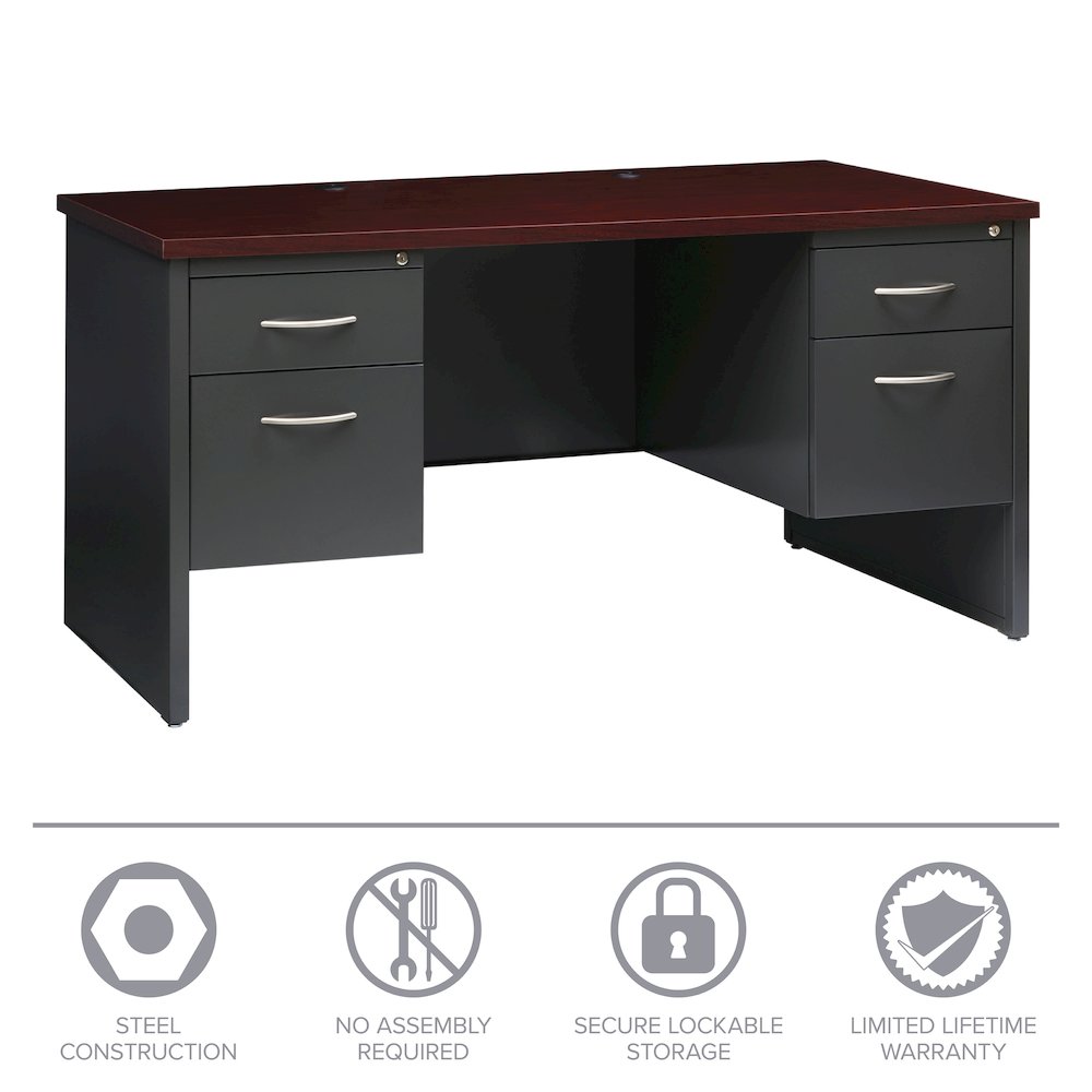 Hirsh Modular Double Pedestal File Office Desk, 30" D x 60" W, Charcoal/Mahogany. Picture 14
