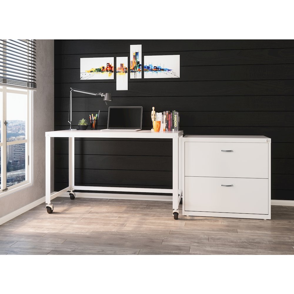 Hirsh Ready-to-Assemble 48-inch Wide Mobile Metal Desk for Home Office, White. Picture 10