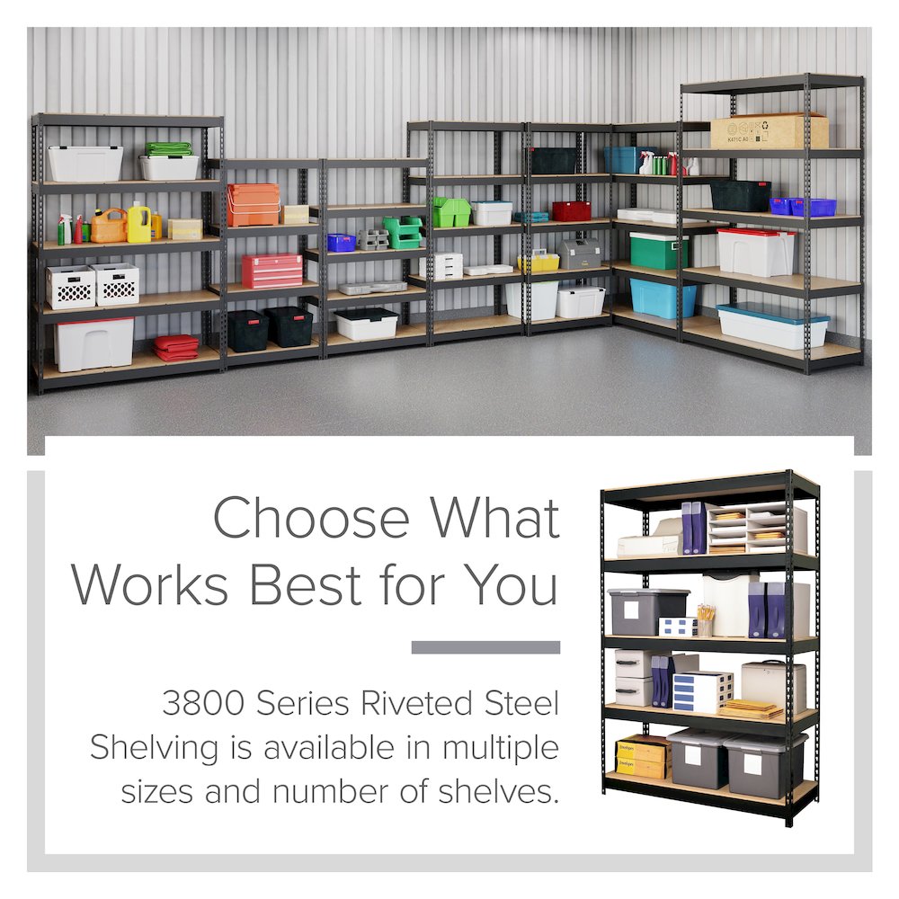 Iron Horse 3800 Riveted Steel Shelving, 5-Shelf, 18Dx48Wx72H, Black. Picture 7