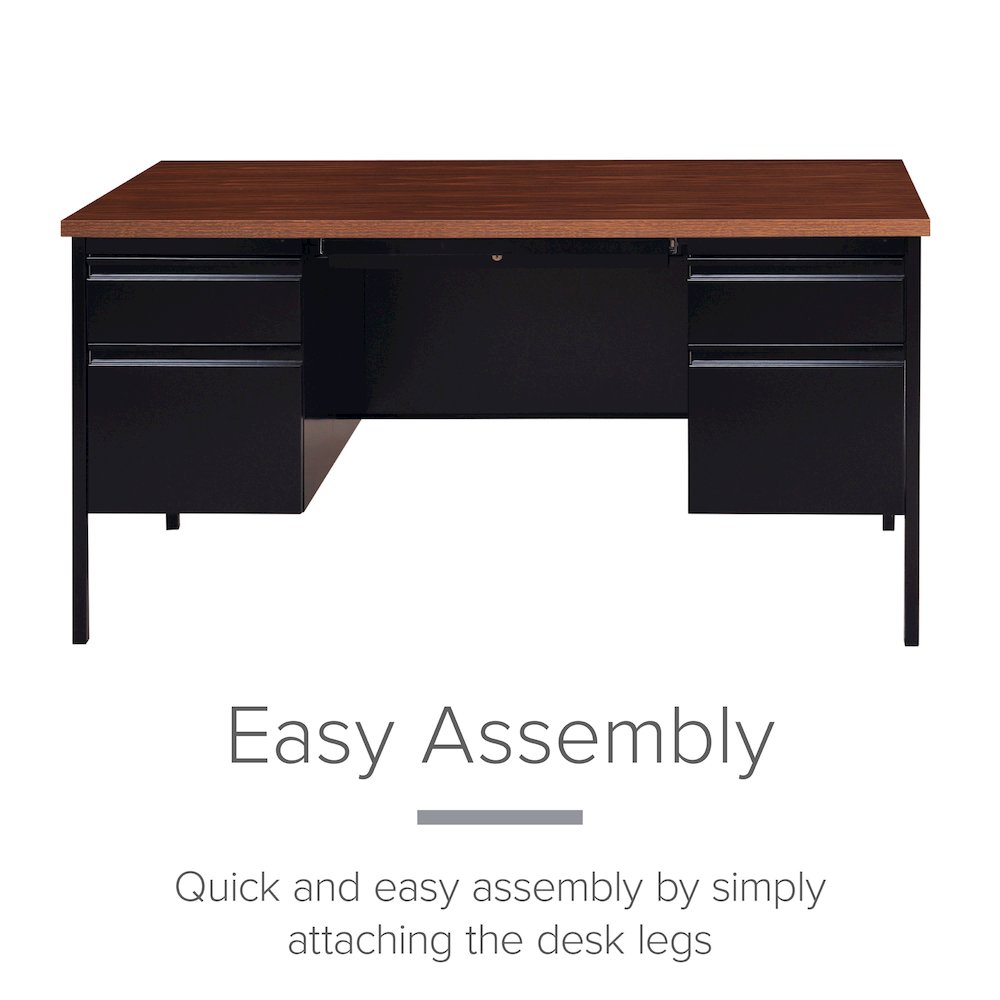 Hirsh Double Pedestal Office Desk Center Drawer 30" Dx60" W, Black/Walnut. Picture 21