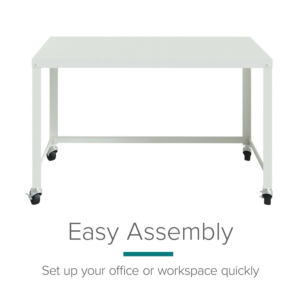 Hirsh Ready-to-Assemble 48-inch Wide Mobile Metal Desk for Home Office, White. Picture 14