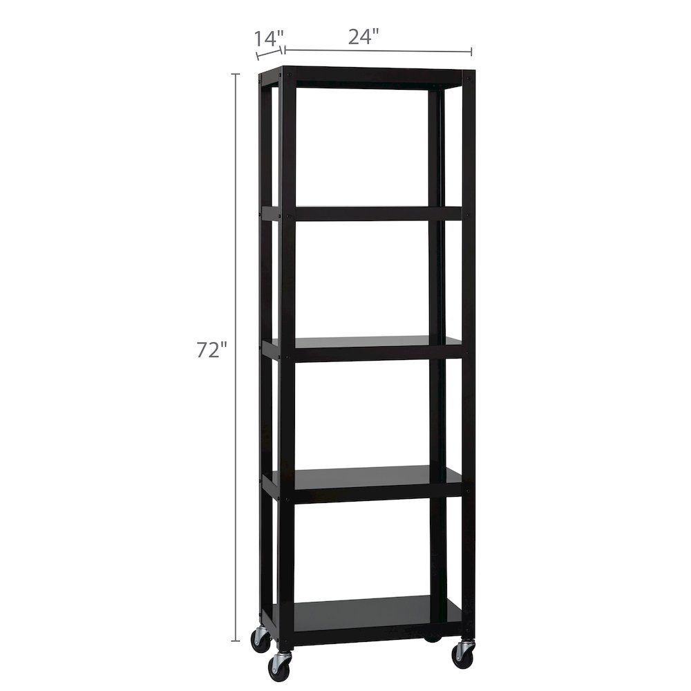 Space Solutions 72" High Rolling 5 Shelf Bookcase, Industrial Metal, Black. Picture 3
