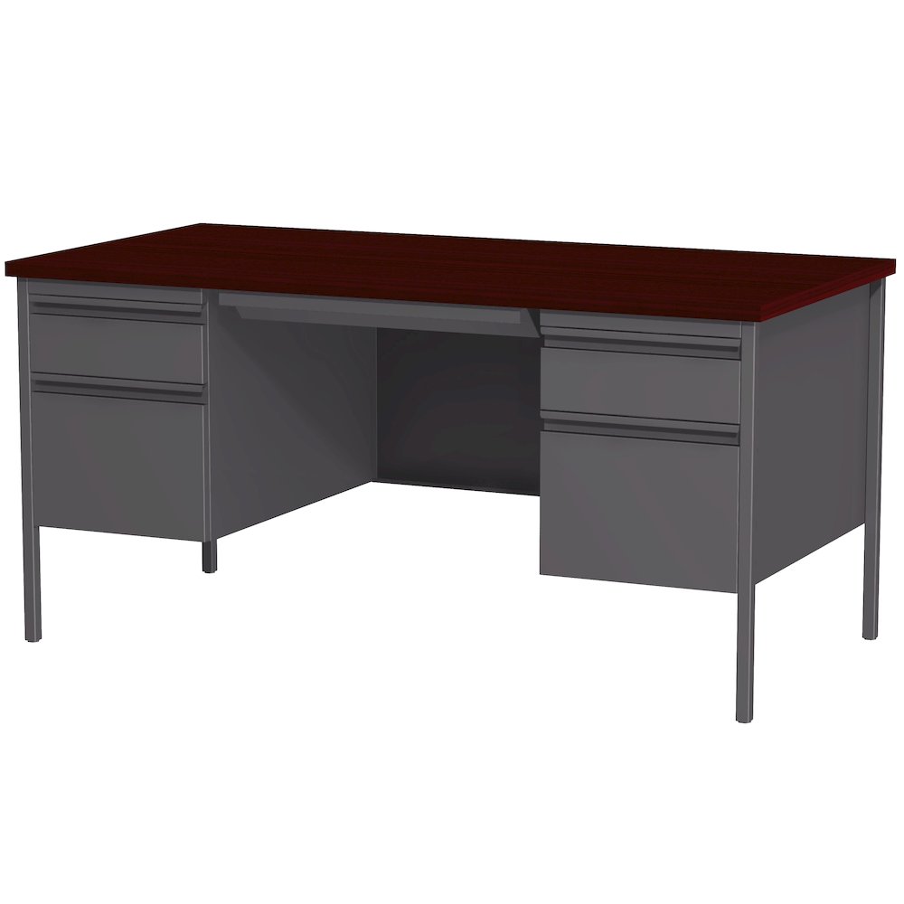Hirsh Double Pedestal Office Desk Center Drawer 30" Dx60" W, Charcoal/Mahogany. Picture 4