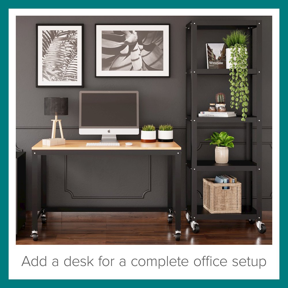 Space Solutions 72" High Rolling 5 Shelf Bookcase, Industrial Metal, Black. Picture 19