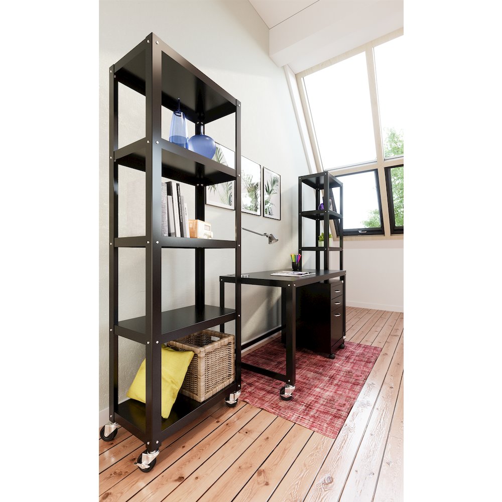 Space Solutions 72" High Rolling 5 Shelf Bookcase, Industrial Metal, Black. Picture 14