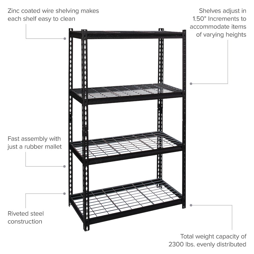 Iron Horse Riveted Steel Wire Deck Shelving 4-Shelf Unit, 18Dx36Wx60H, Black. Picture 11