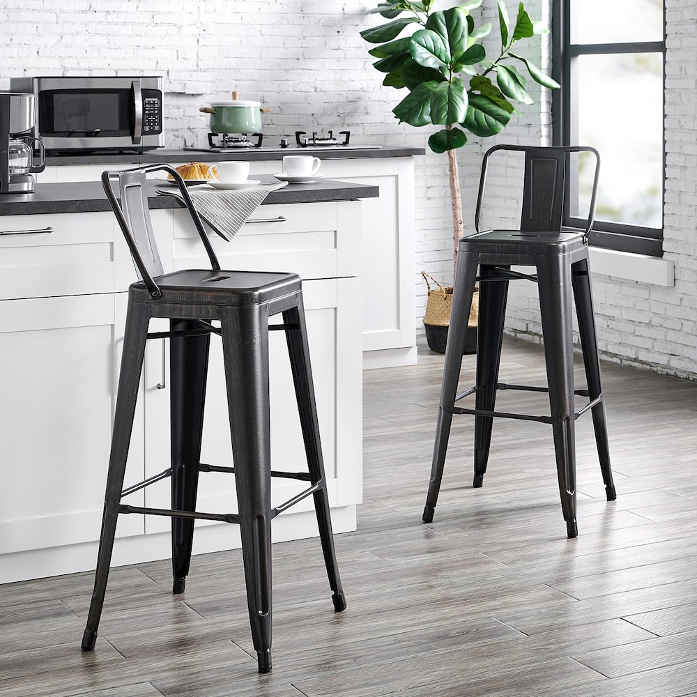 30" Sanded Matte Black Industrial  Metal Barstools with Bucket Back, Set of 4. Picture 2