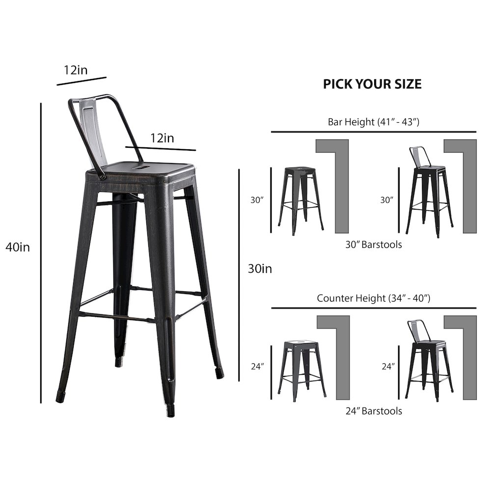 30" Sanded Matte Black Industrial  Metal Barstools with Bucket Back, Set of 4. Picture 3