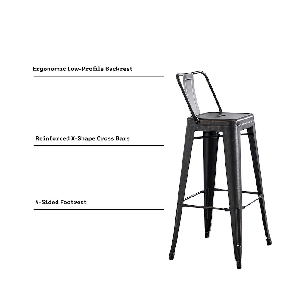 30" Sanded Matte Black Industrial  Metal Barstools with Bucket Back, Set of 4. Picture 5