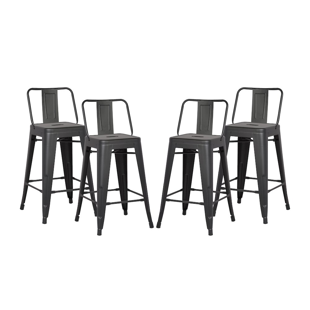 24" Matte Black Industrial Metal Barstools with Bucket Back, Set of 4. Picture 1