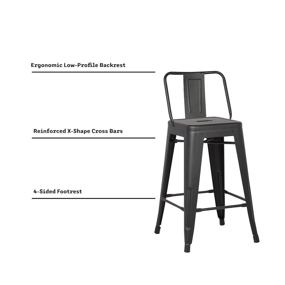 24" Matte Black Industrial Metal Barstools with Bucket Back, Set of 4. Picture 5