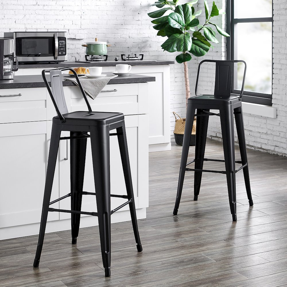 30" Matte Black Industrial Metal Barstools with Bucket Back, Set of 4. Picture 2