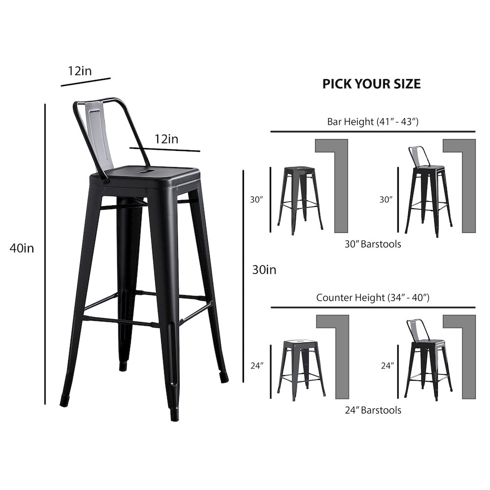 30" Matte Black Industrial Metal Barstools with Bucket Back, Set of 4. Picture 4