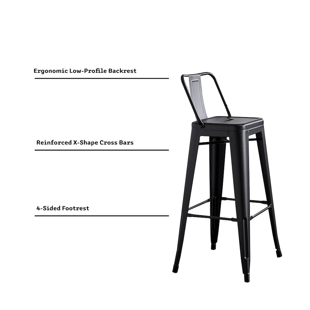 30" Matte Black Industrial Metal Barstools with Bucket Back, Set of 4. Picture 5