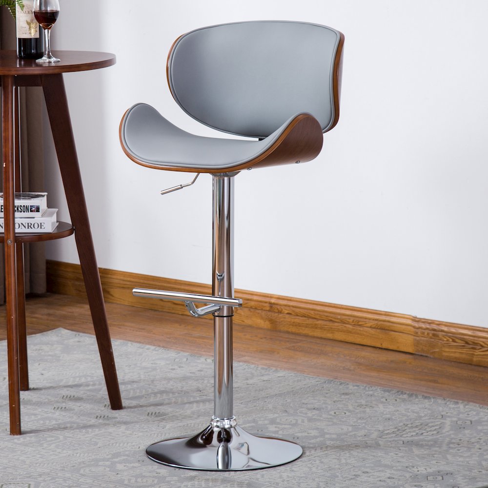 Modern Contemporary Swivel Walnut Bentwood Lift Adjustable Height Bar Stool. Picture 2