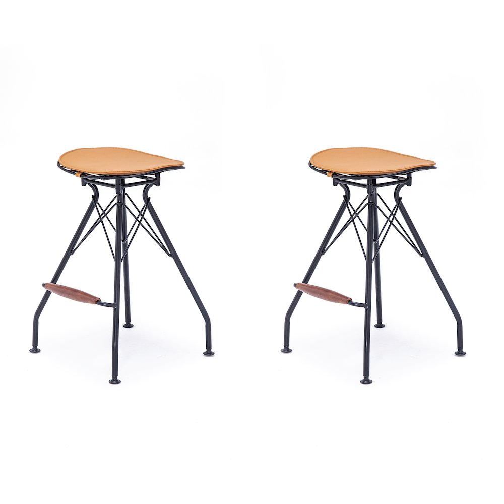 Industrial Metal Barstool with Faux Leather Seat Pad and Wood Accented Foot Rest. Picture 3