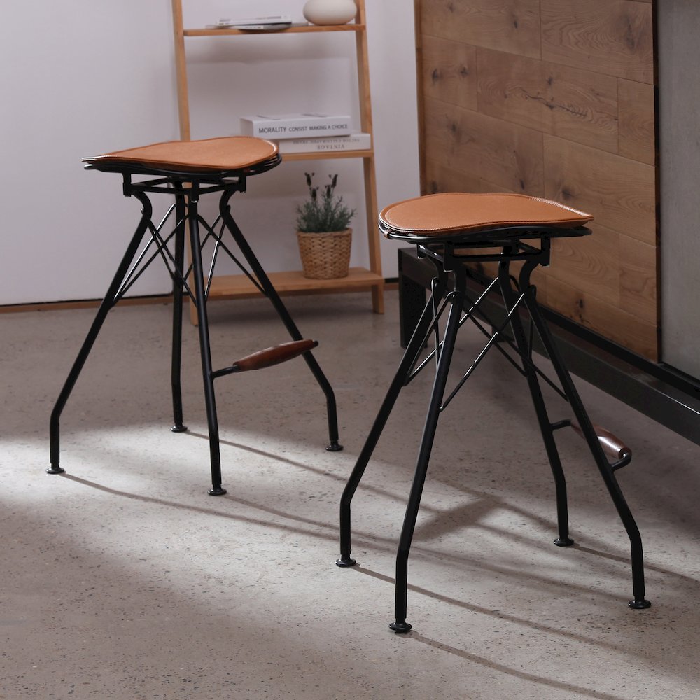 Industrial Metal Barstool with Faux Leather Seat Pad and Wood Accented Foot Rest. Picture 2