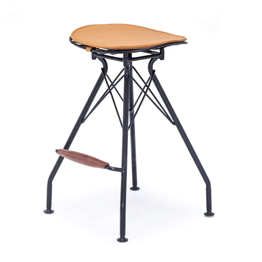 Industrial Metal Barstool with Faux Leather Seat Pad and Wood Accented Foot Rest. Picture 1