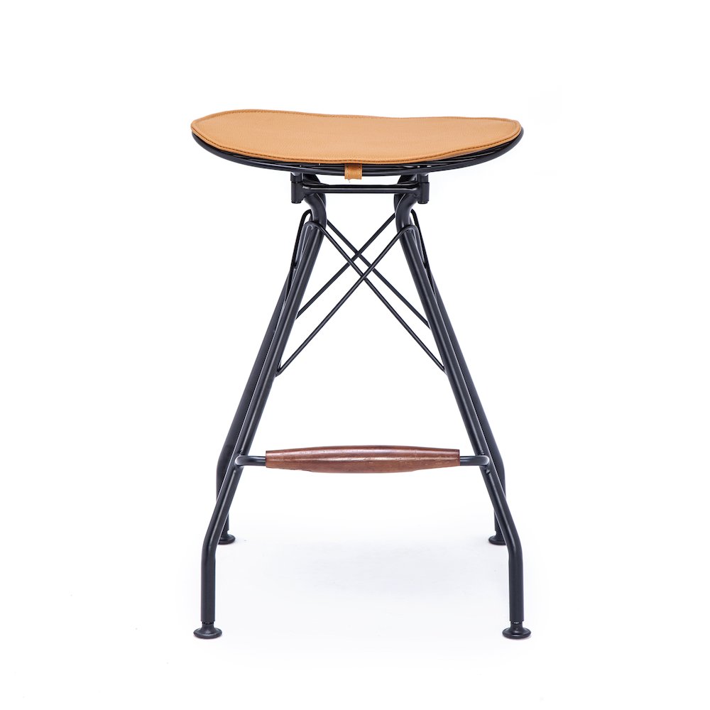 Industrial Metal Barstool with Faux Leather Seat Pad and Wood Accented Foot Rest. Picture 5