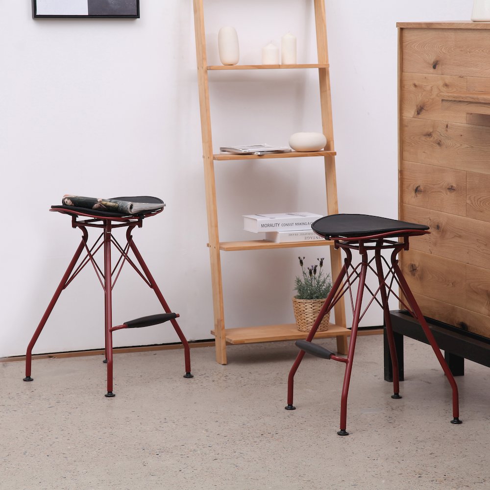 Industrial Metal Barstool with Faux Leather Seat Pad and Wood Accented Foot Rest. Picture 2
