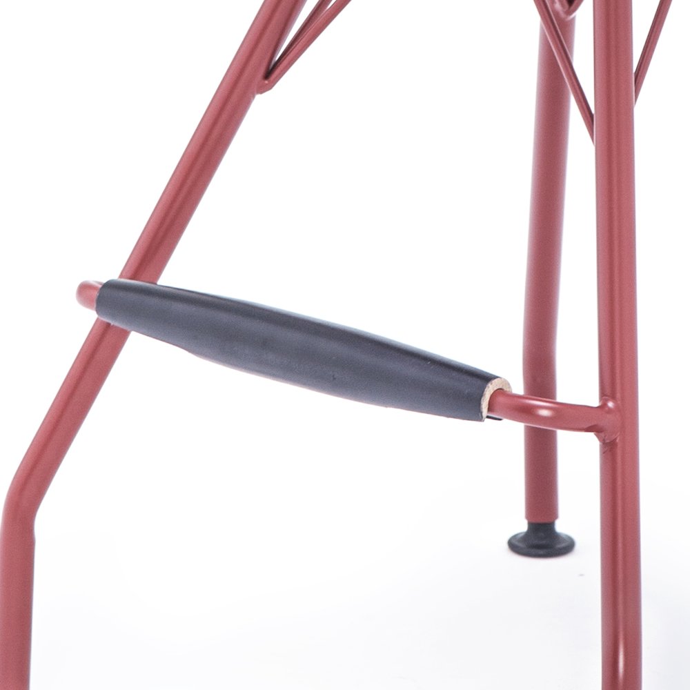 Industrial Metal Barstool with Faux Leather Seat Pad and Wood Accented Foot Rest. Picture 7