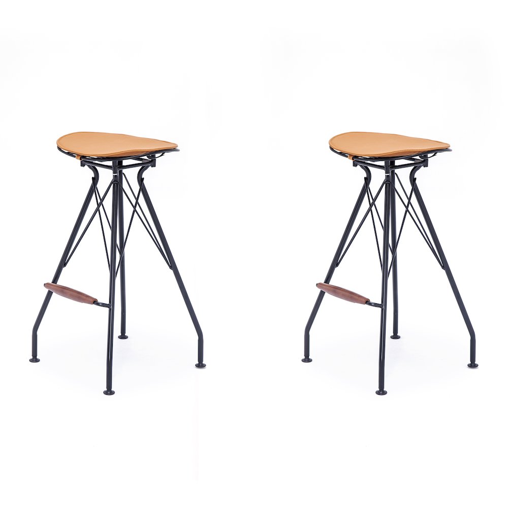 Industrial Metal Barstool with Faux Leather Seat Pad and Wood Accented Foot Rest. Picture 1