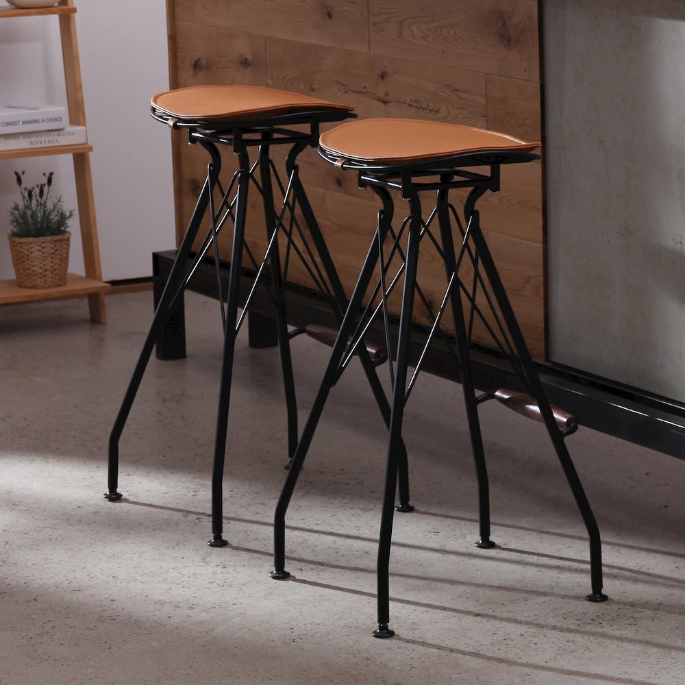 Industrial Metal Barstool with Faux Leather Seat Pad and Wood Accented Foot Rest. Picture 2