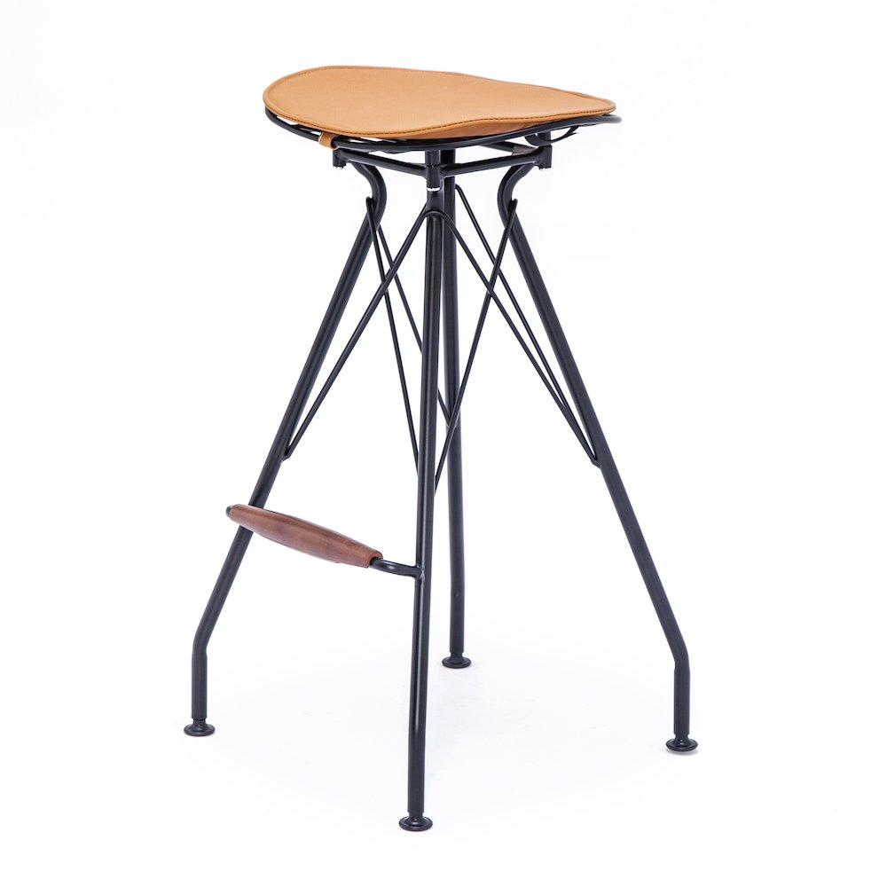 Industrial Metal Barstool with Faux Leather Seat Pad and Wood Accented Foot Rest. Picture 4