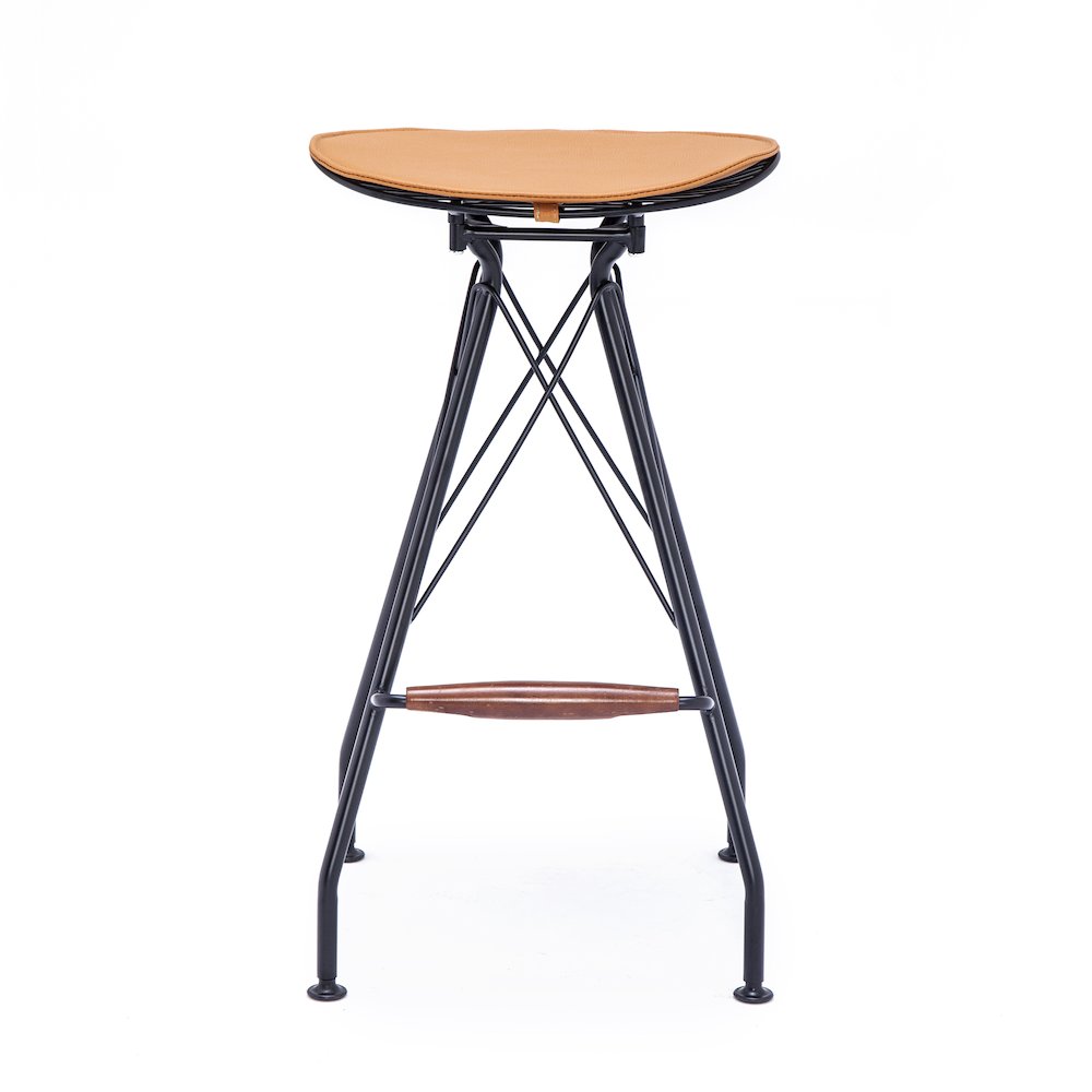 Industrial Metal Barstool with Faux Leather Seat Pad and Wood Accented Foot Rest. Picture 5
