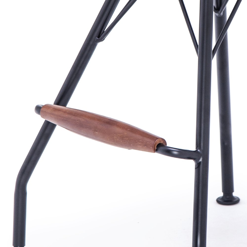 Industrial Metal Barstool with Faux Leather Seat Pad and Wood Accented Foot Rest. Picture 8