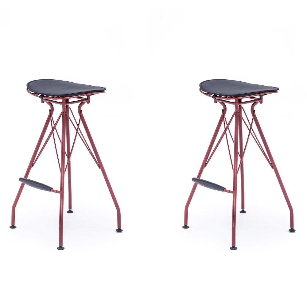Industrial Metal Barstool with Faux Leather Seat Pad and Wood Accented Foot Rest. Picture 1