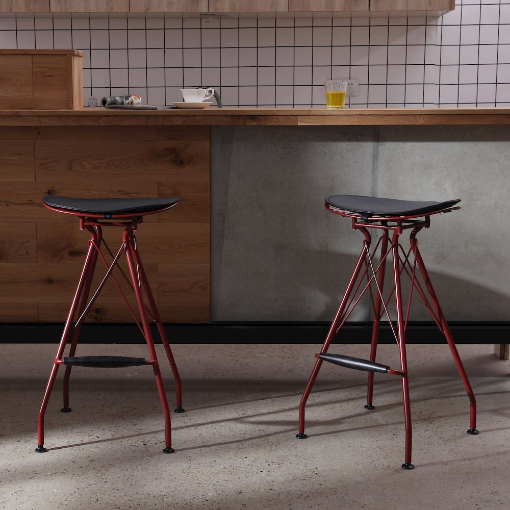Industrial Metal Barstool with Faux Leather Seat Pad and Wood Accented Foot Rest. Picture 2