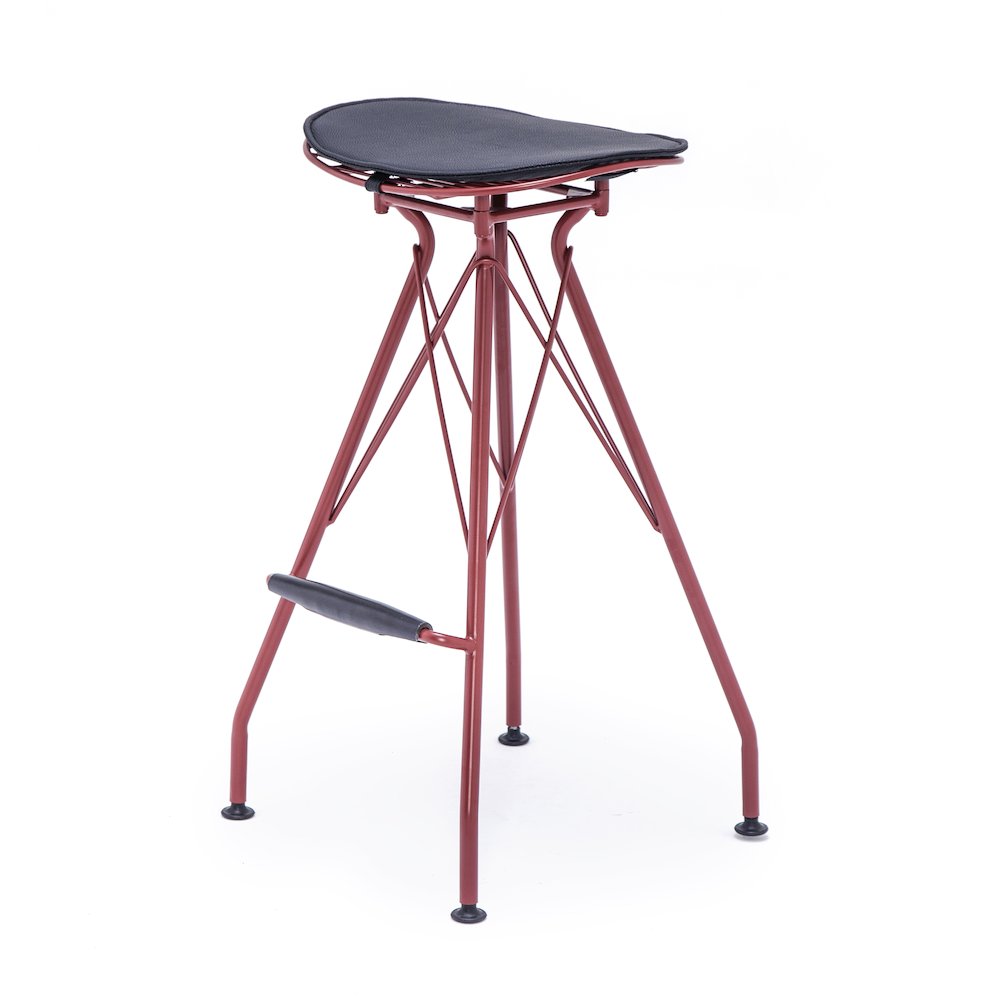 Industrial Metal Barstool with Faux Leather Seat Pad and Wood Accented Foot Rest. Picture 4