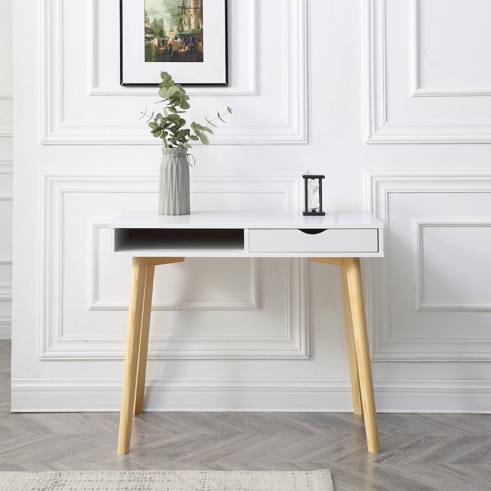 Contemporary Austin Home Office Desk with Storage Drawers, White. Picture 2