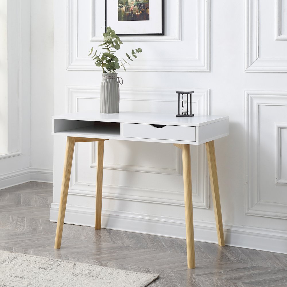 Contemporary Austin Home Office Desk with Storage Drawers, White. Picture 9
