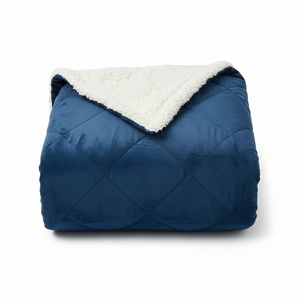 Luxry Cozy Soft Square Quilted Throw Blanket and Back Fleece, Navy Blue. Picture 1