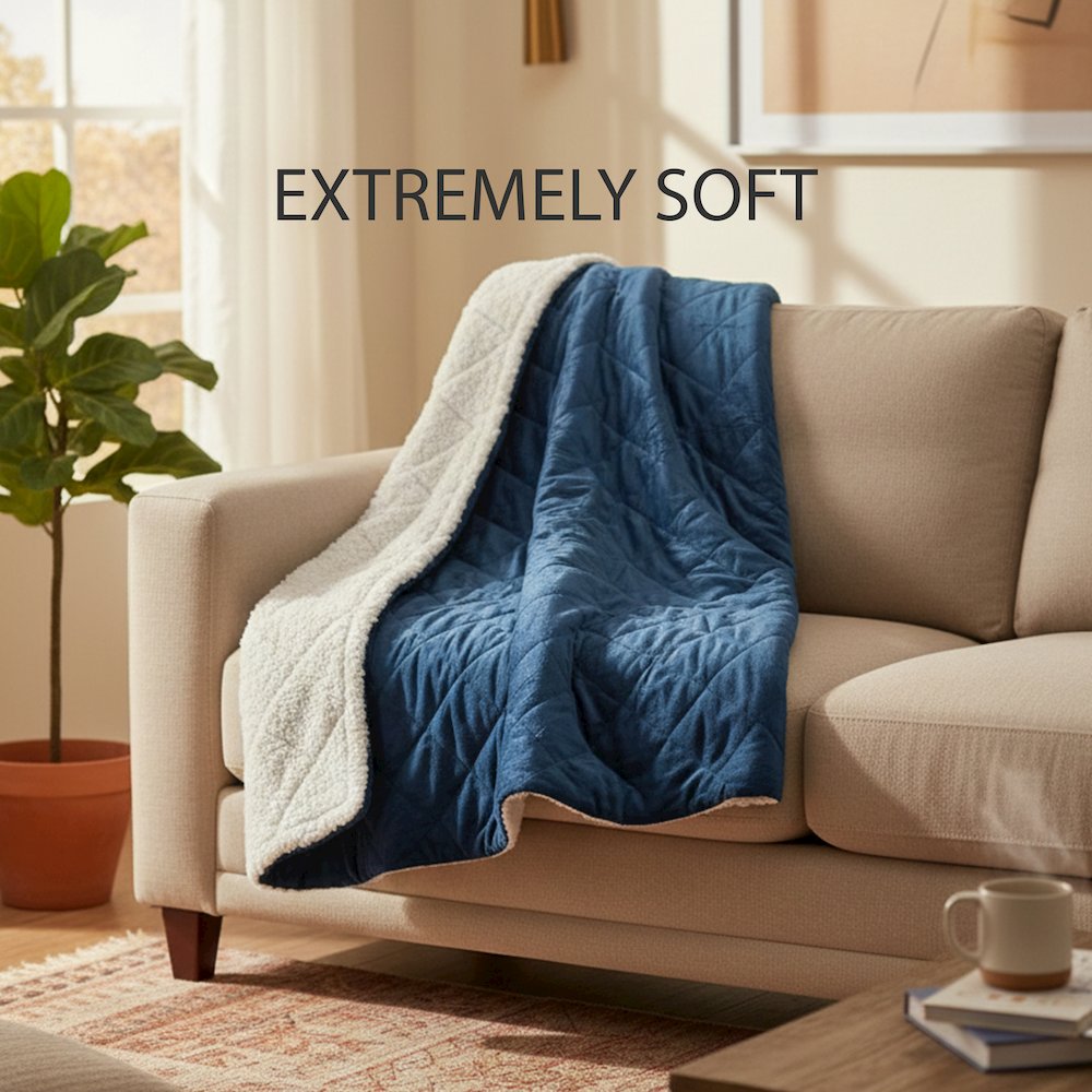 Luxry Cozy Soft Square Quilted Throw Blanket and Back Fleece, Navy Blue. Picture 7
