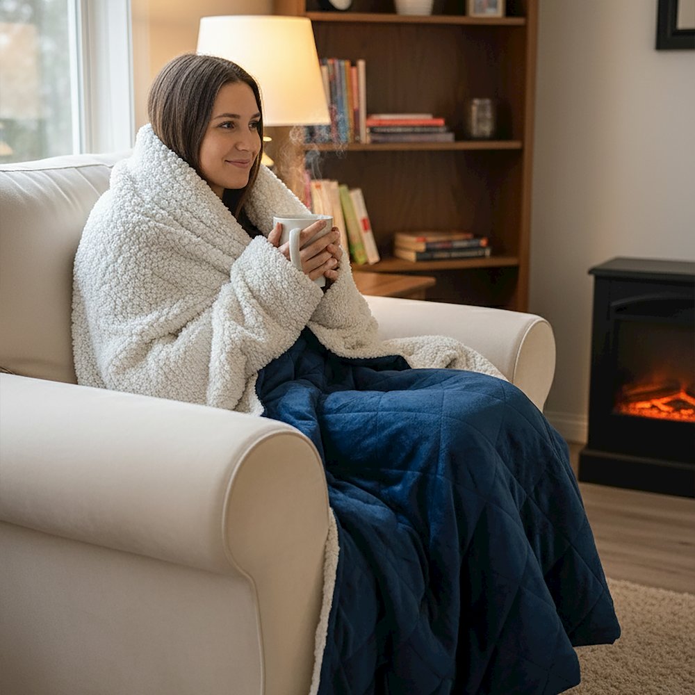 Luxry Cozy Soft Square Quilted Throw Blanket and Back Fleece, Navy Blue. Picture 6