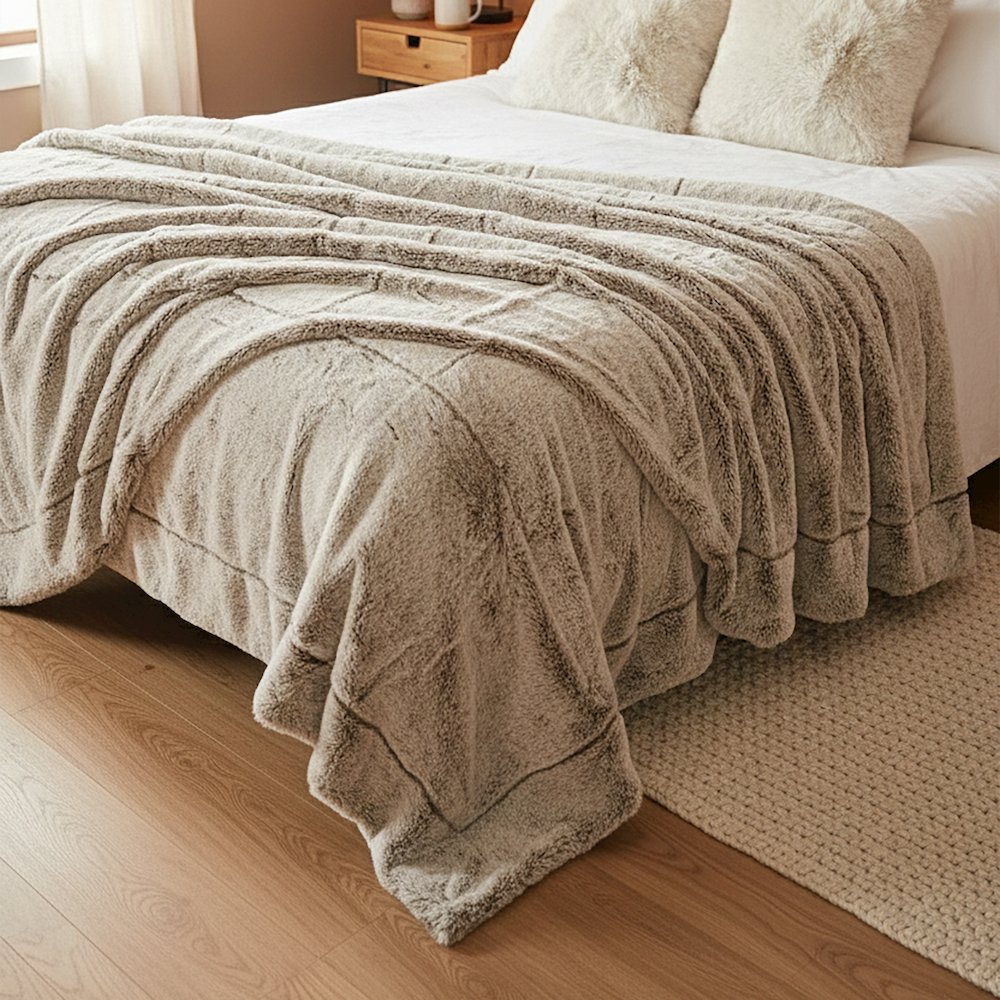 Luxury Grey Faux Fur Throw Blanket and Back Fleece. Picture 3