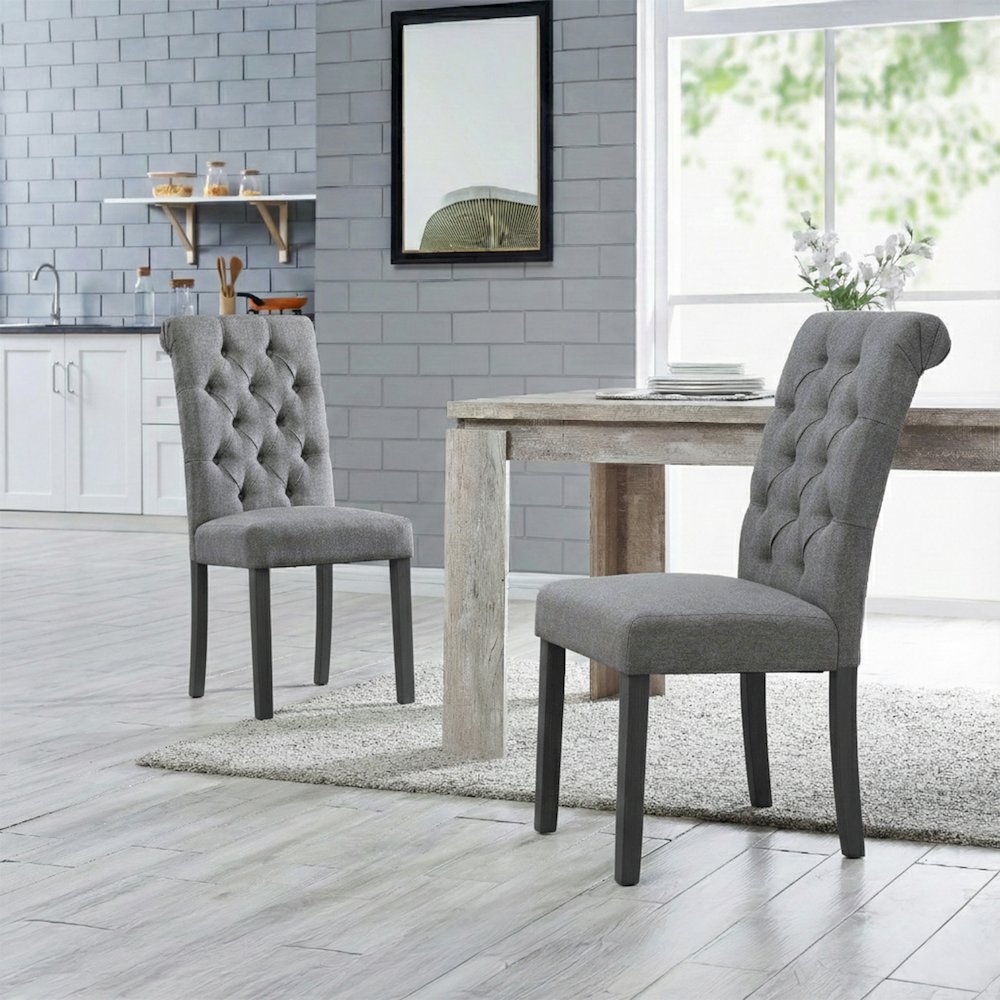 Natalie Roll Top Tufted Grey Linen Fabric Modern Dining Chair (Set of 2). Picture 2