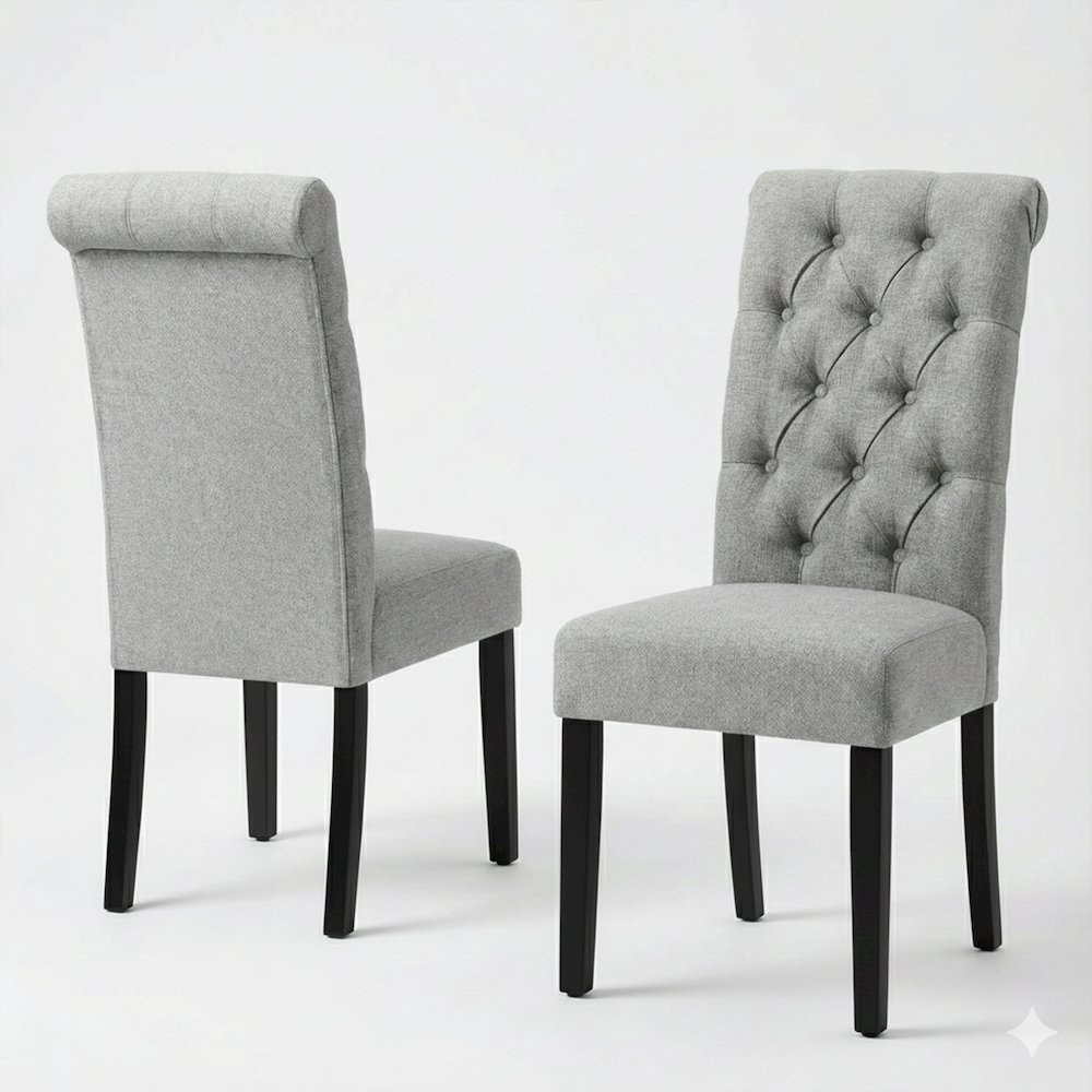 Natalie Roll Top Tufted Grey Linen Fabric Modern Dining Chair (Set of 2). Picture 7