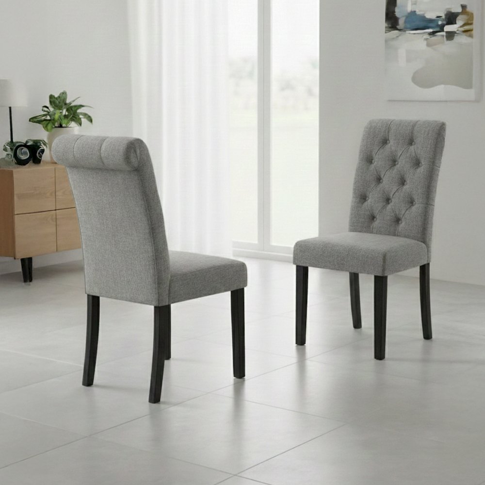 Natalie Roll Top Tufted Grey Linen Fabric Modern Dining Chair (Set of 2). Picture 3