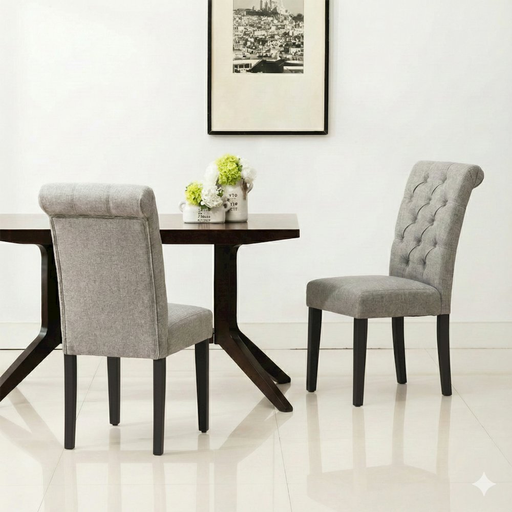 Natalie Roll Top Tufted Grey Linen Fabric Modern Dining Chair (Set of 2). Picture 4