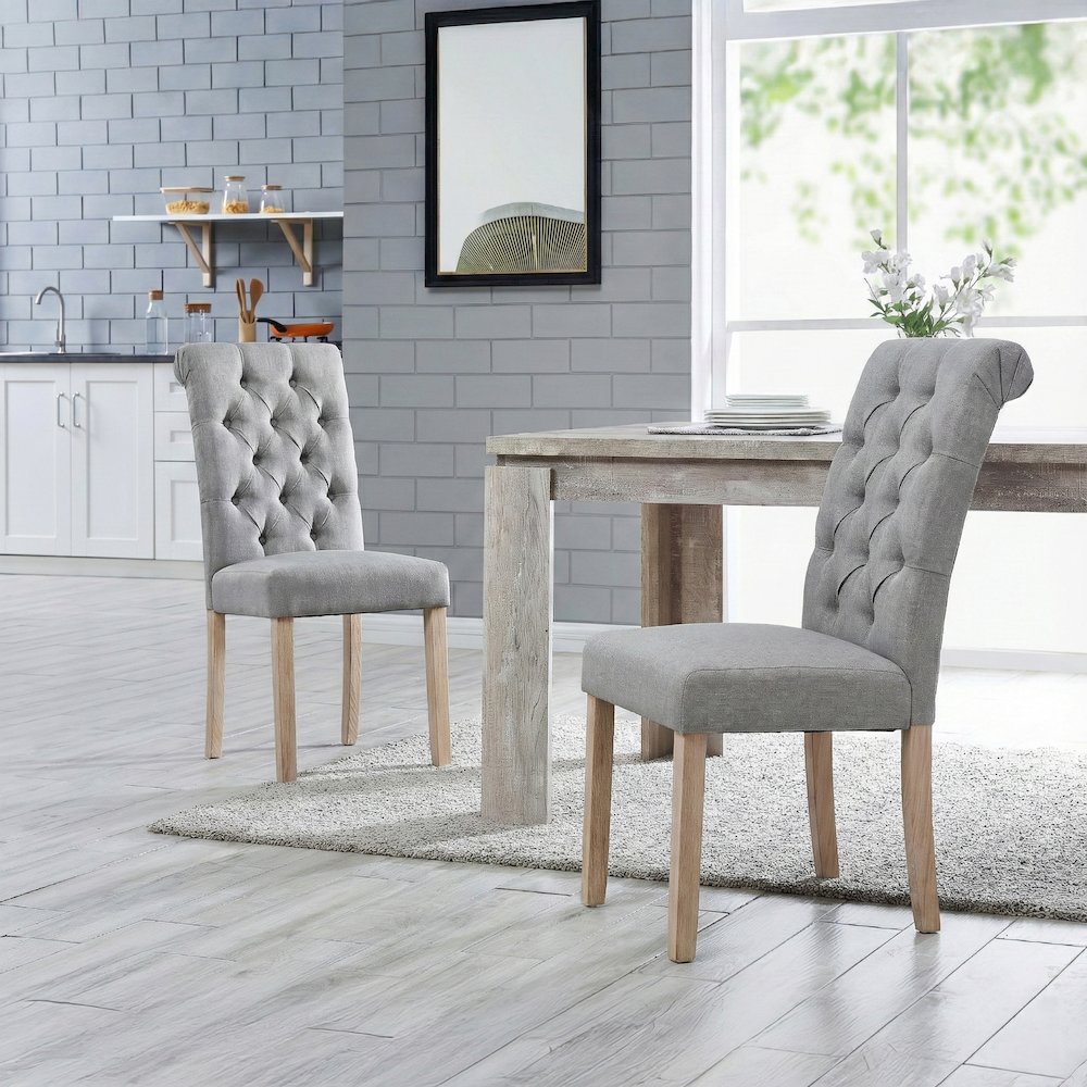 Natalie Roll Top Tufted Light Grey Linen Fabric Modern Dining Chair (Set of 2). Picture 2