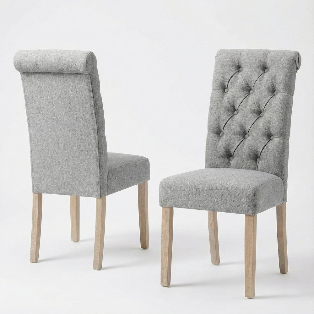 Natalie Roll Top Tufted Light Grey Linen Fabric Modern Dining Chair (Set of 2). Picture 1