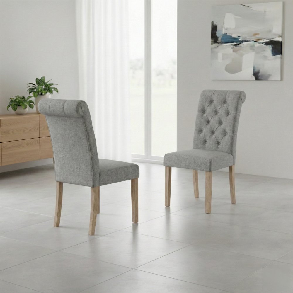 Natalie Roll Top Tufted Light Grey Linen Fabric Modern Dining Chair (Set of 2). Picture 3