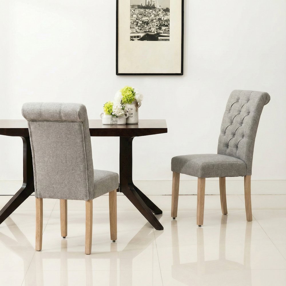 Natalie Roll Top Tufted Light Grey Linen Fabric Modern Dining Chair (Set of 2). Picture 5