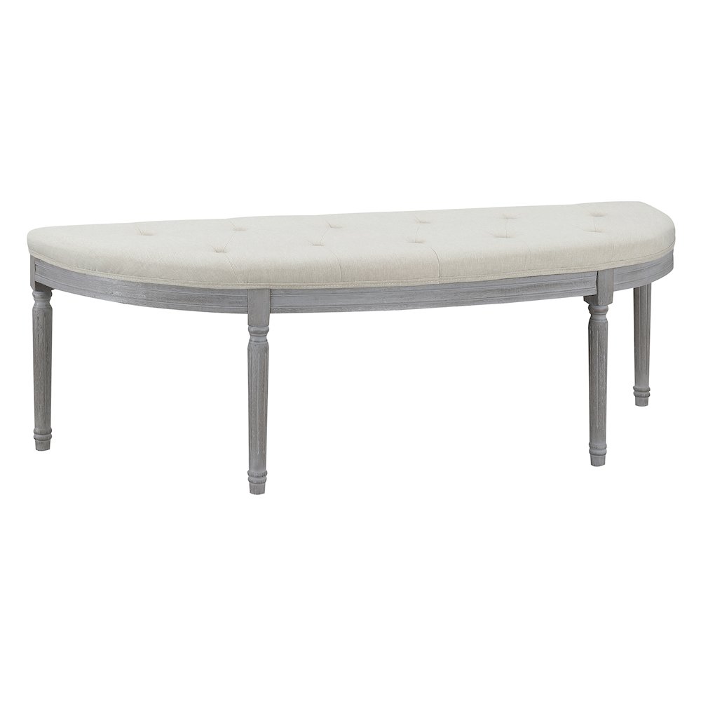 Coastal Button Tufted Light Beige Upholstered Bench with Weathered Gray Legs. Picture 1