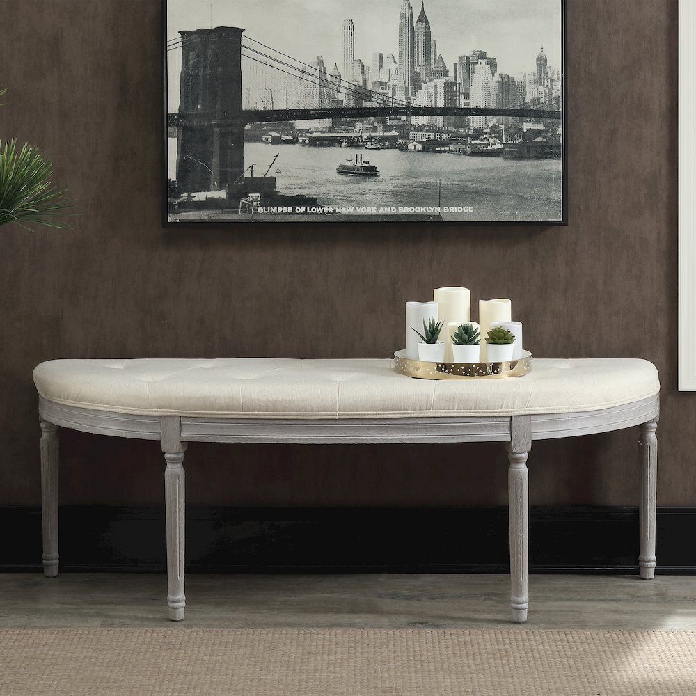 Coastal Button Tufted Light Beige Upholstered Bench with Weathered Gray Legs. Picture 2